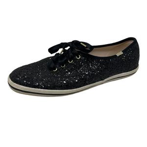 Kate Spade Keds Black Glitter Sneakers Ribbon Lace Womens 8.5 Tennis Shoes